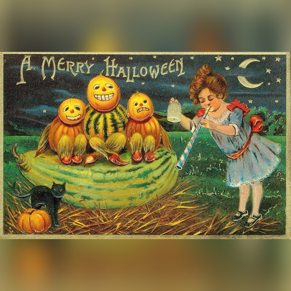 Vintage Halloween Art Print with Pumpkins and Child